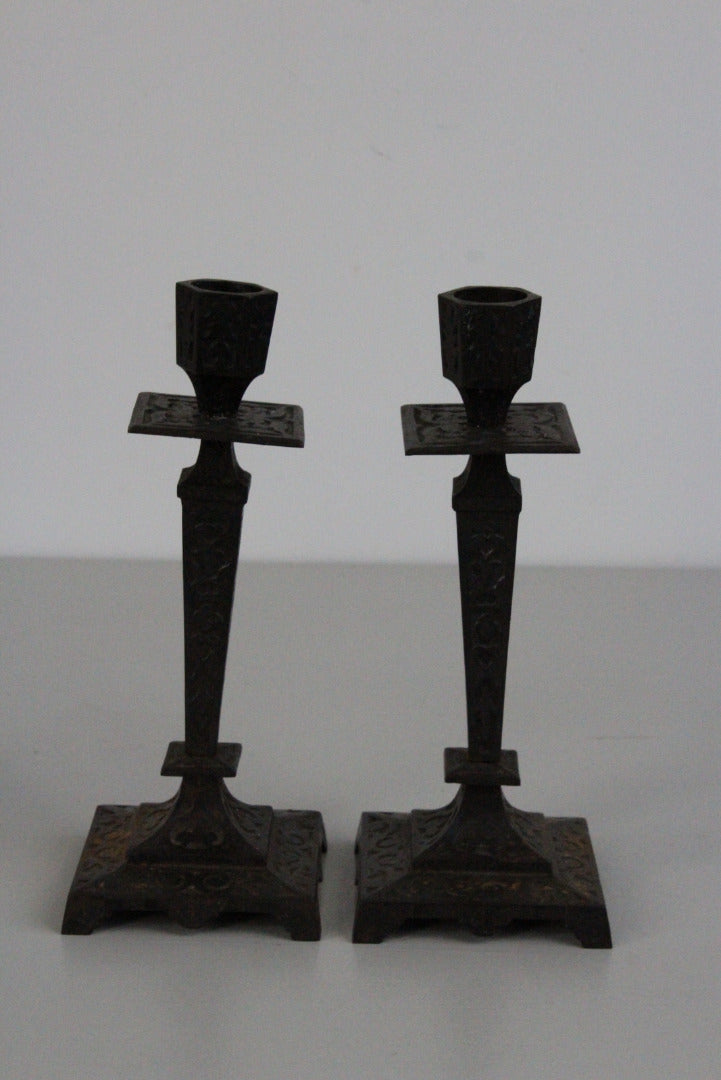 Pair French Cast Iron Candle Sticks - Kernow Furniture