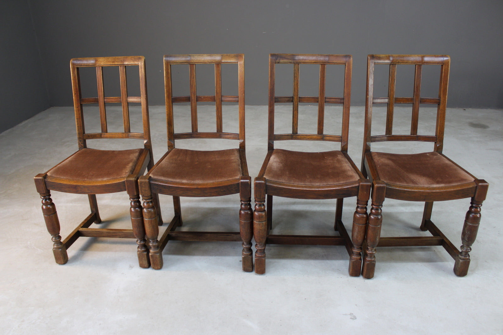 Set 4 Arts & Crafts Heals Style Oak Lattice Back Dining Chairs - Kernow Furniture