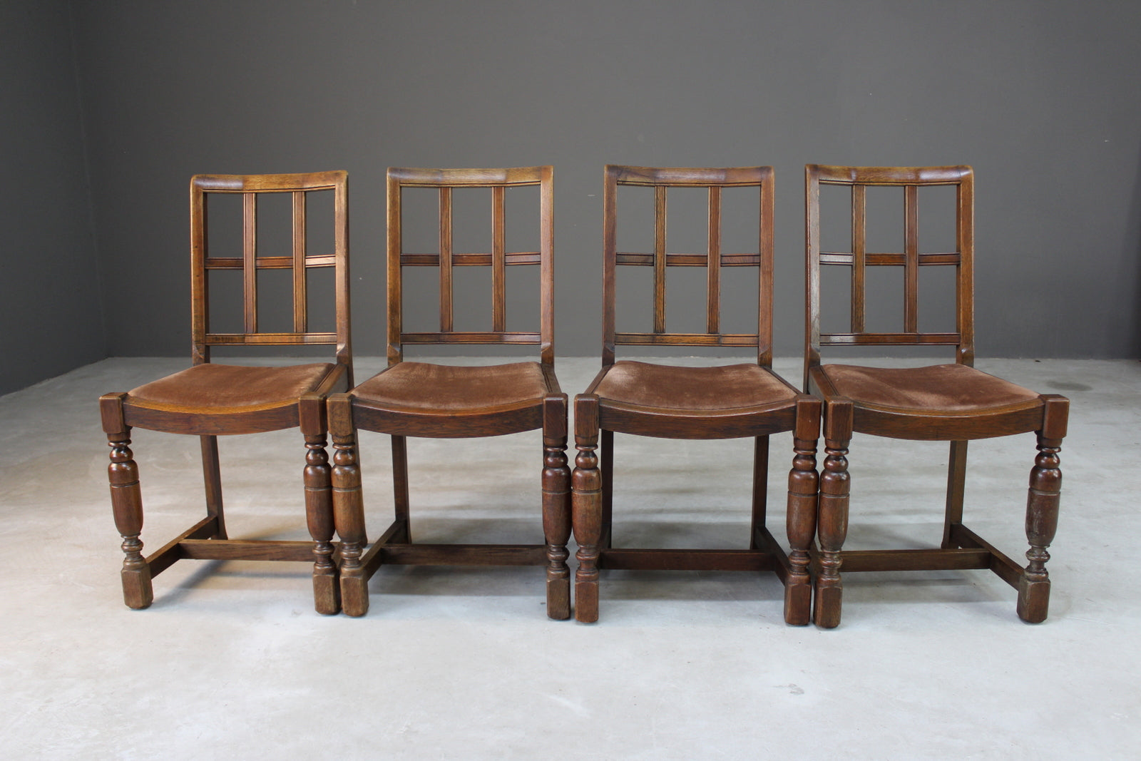 Set 4 Arts & Crafts Heals Style Oak Lattice Back Dining Chairs - Kernow Furniture