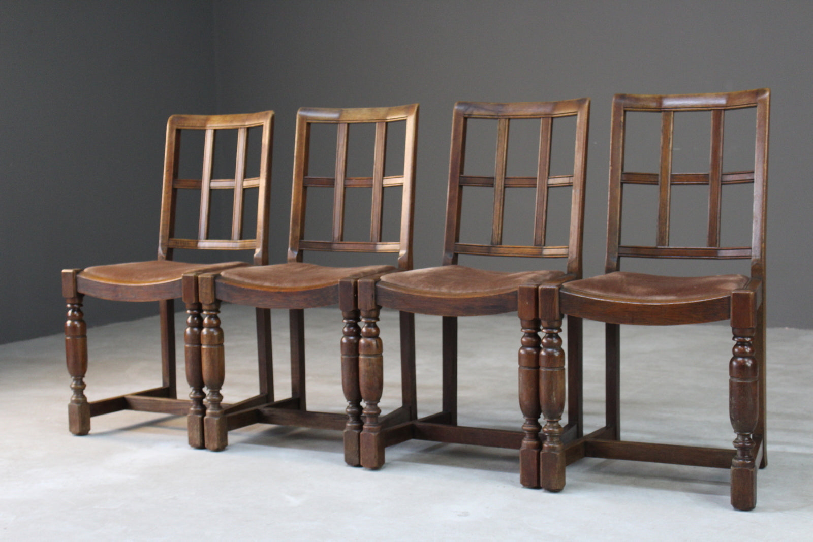 Set 4 Arts & Crafts Heals Style Oak Lattice Back Dining Chairs - Kernow Furniture