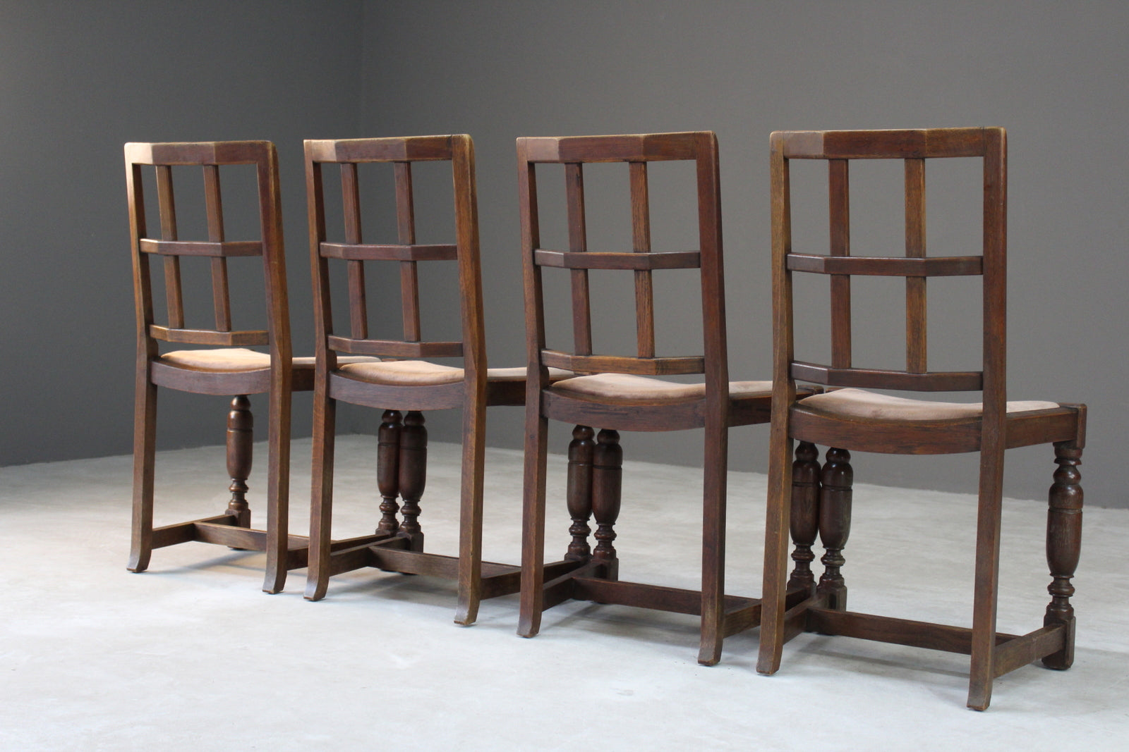 Set 4 Arts & Crafts Heals Style Oak Lattice Back Dining Chairs - Kernow Furniture