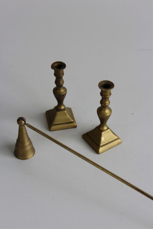 Pair Small Brass Candlesticks & Snuffer - Kernow Furniture