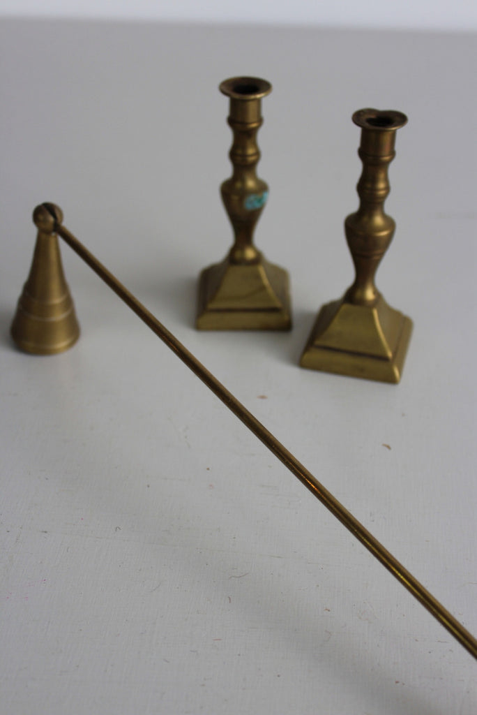 Pair Small Brass Candlesticks & Snuffer - Kernow Furniture