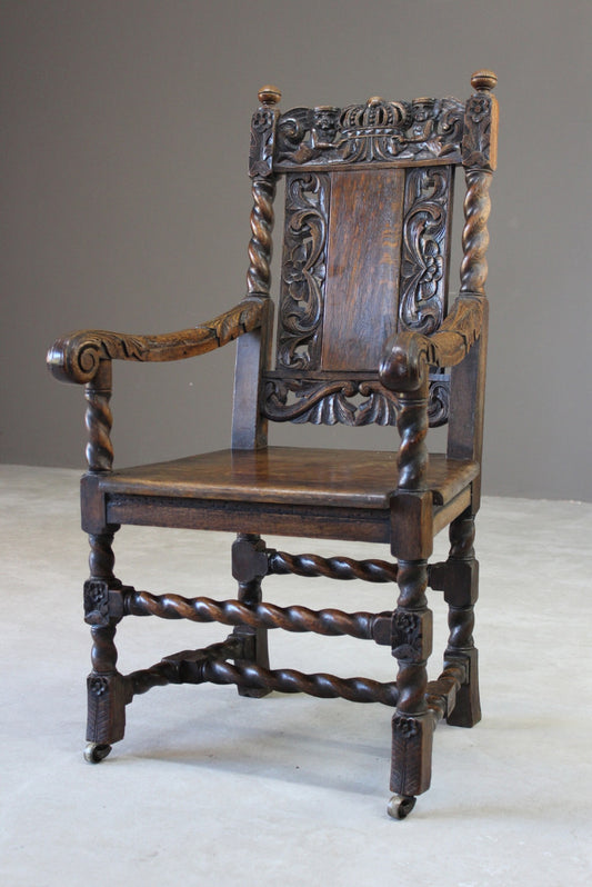 Victorian Carved Oak Open Arm Chair - Kernow Furniture