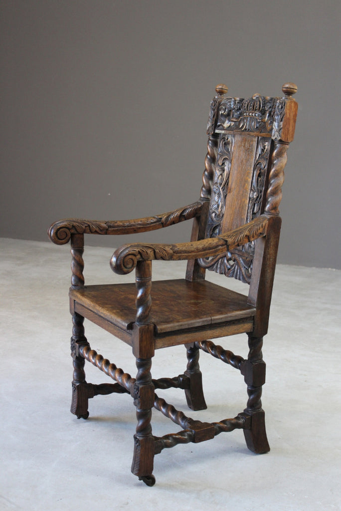 Victorian Carved Oak Open Arm Chair - Kernow Furniture