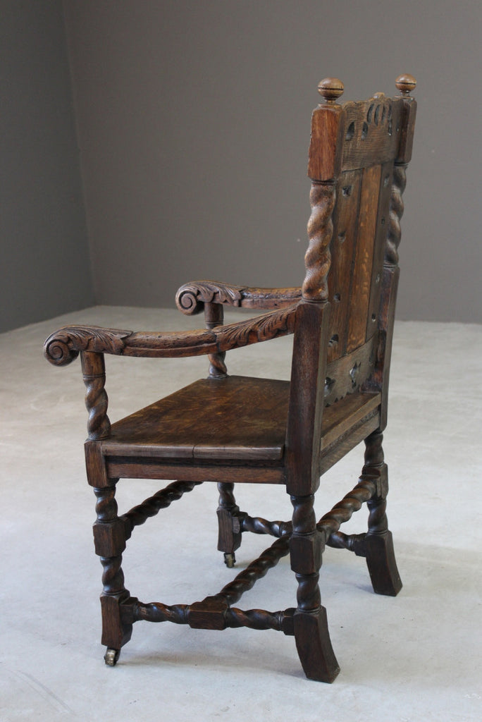Victorian Carved Oak Open Arm Chair - Kernow Furniture