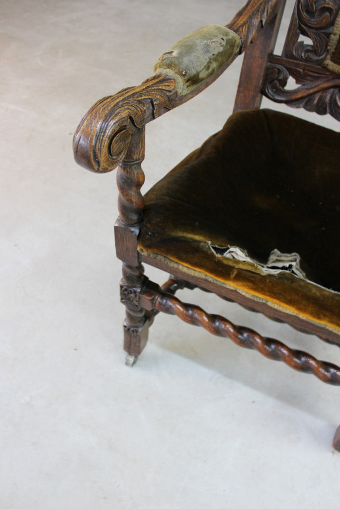 Antique Carved Oak Open Arm Chair - Kernow Furniture