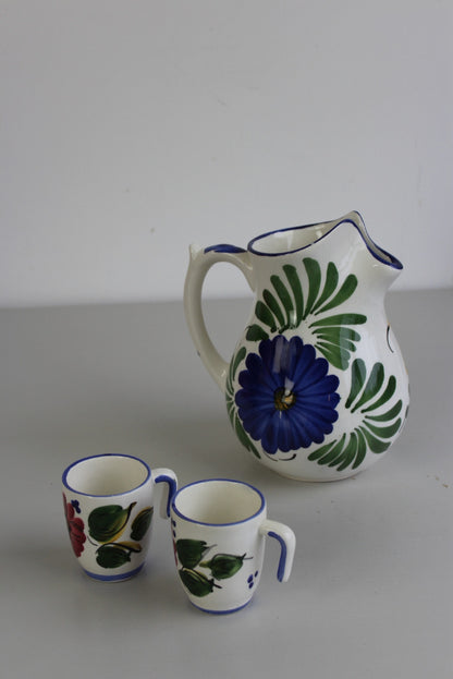 Spanish Floral Pottery Jug & 2 Cups - Kernow Furniture