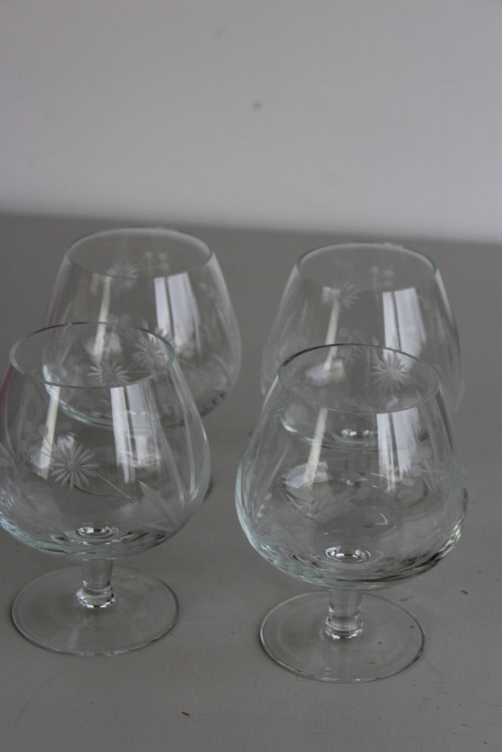 Vintage Set of 12 Etched Brandy Balloon Snifter Glasses, Beautiful Elegant Barware, 3-1/4