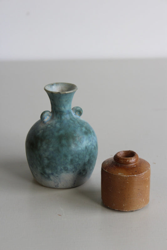 Vintage Blue Pot & Salt Glaze Ink Well - Kernow Furniture