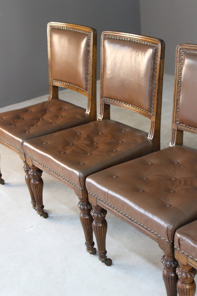 4 Antique Oak & Leather Dining Chairs - Kernow Furniture