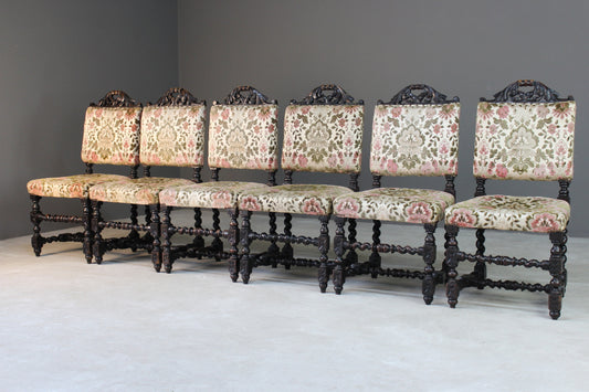 6 Victorian Carved Oak Upholstered Dining Chairs - Kernow Furniture