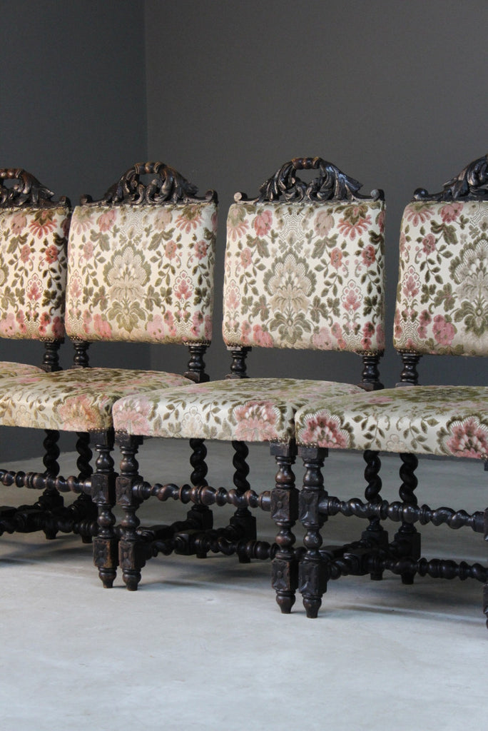 6 Victorian Carved Oak Upholstered Dining Chairs - Kernow Furniture