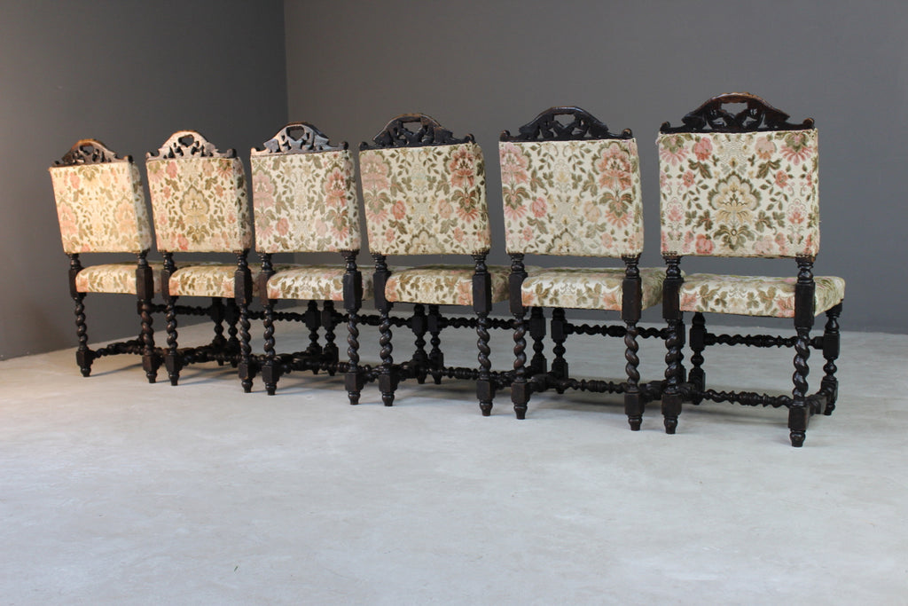 6 Victorian Carved Oak Upholstered Dining Chairs - Kernow Furniture