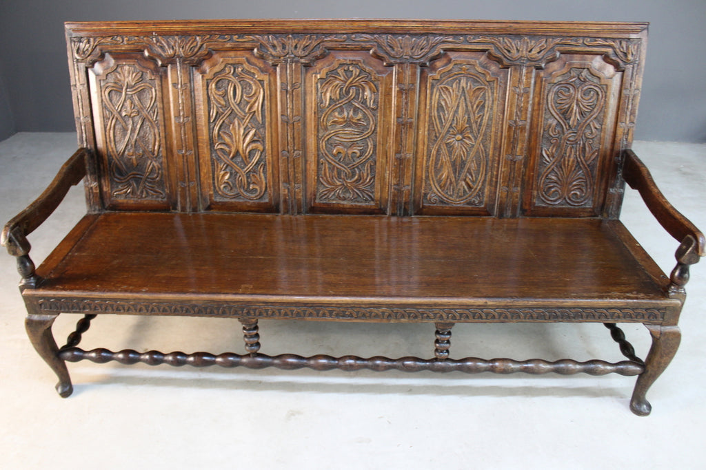 Antique 18th Century Carved Oak Bench Settle - Kernow Furniture