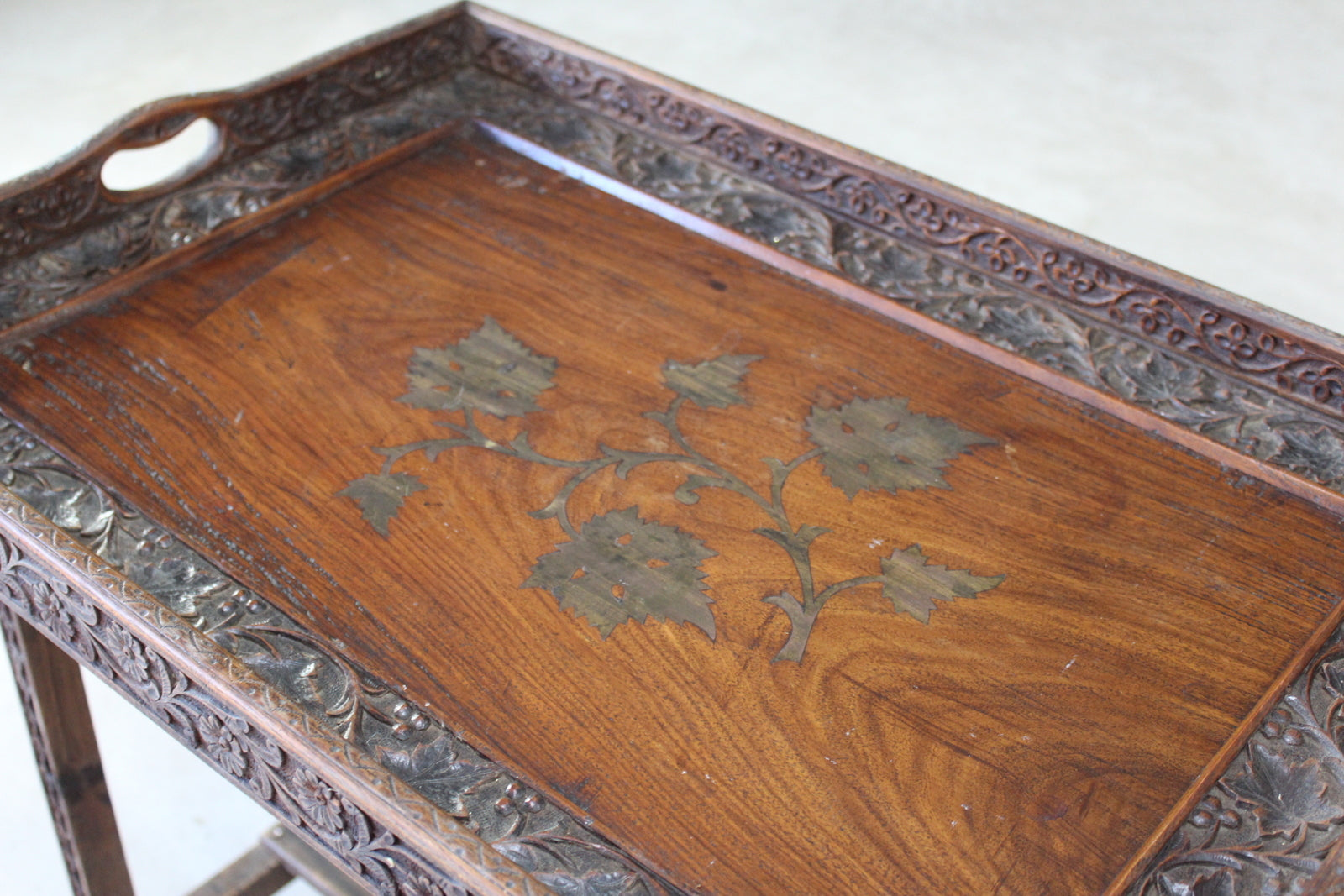 Indian Carved Teak Tray on Stand - Kernow Furniture