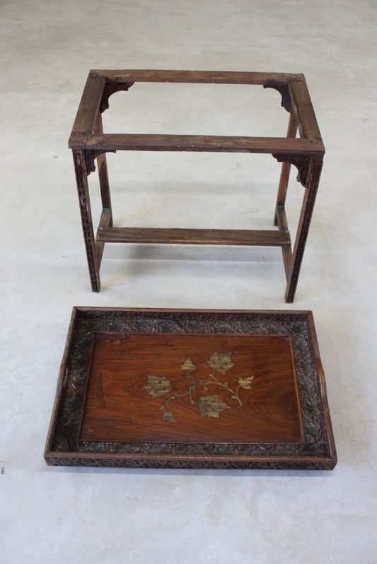 Indian Carved Teak Tray on Stand - Kernow Furniture