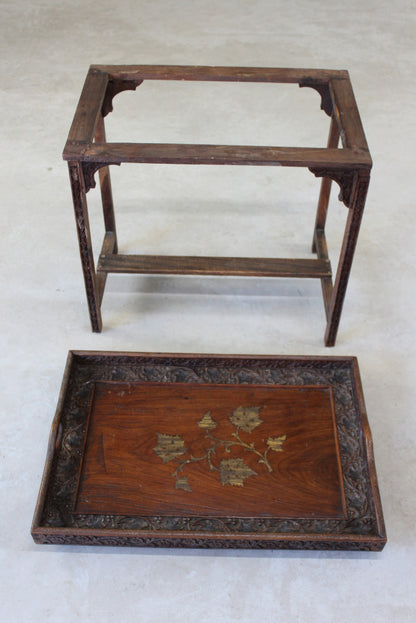 Indian Carved Teak Tray on Stand - Kernow Furniture