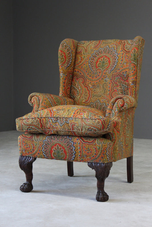 Antique Paisley Upholstered Wing Armchair - Kernow Furniture