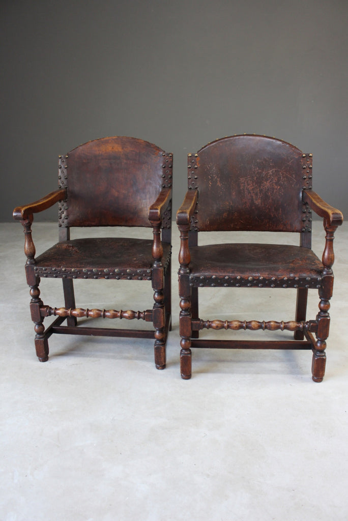 Pair Oak & Leather Carver Chairs - Kernow Furniture
