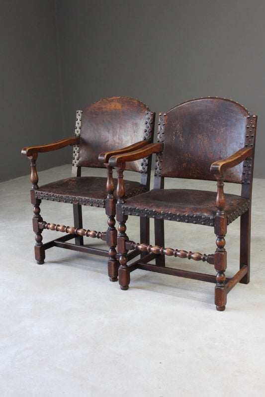 Pair Oak & Leather Carver Chairs - Kernow Furniture