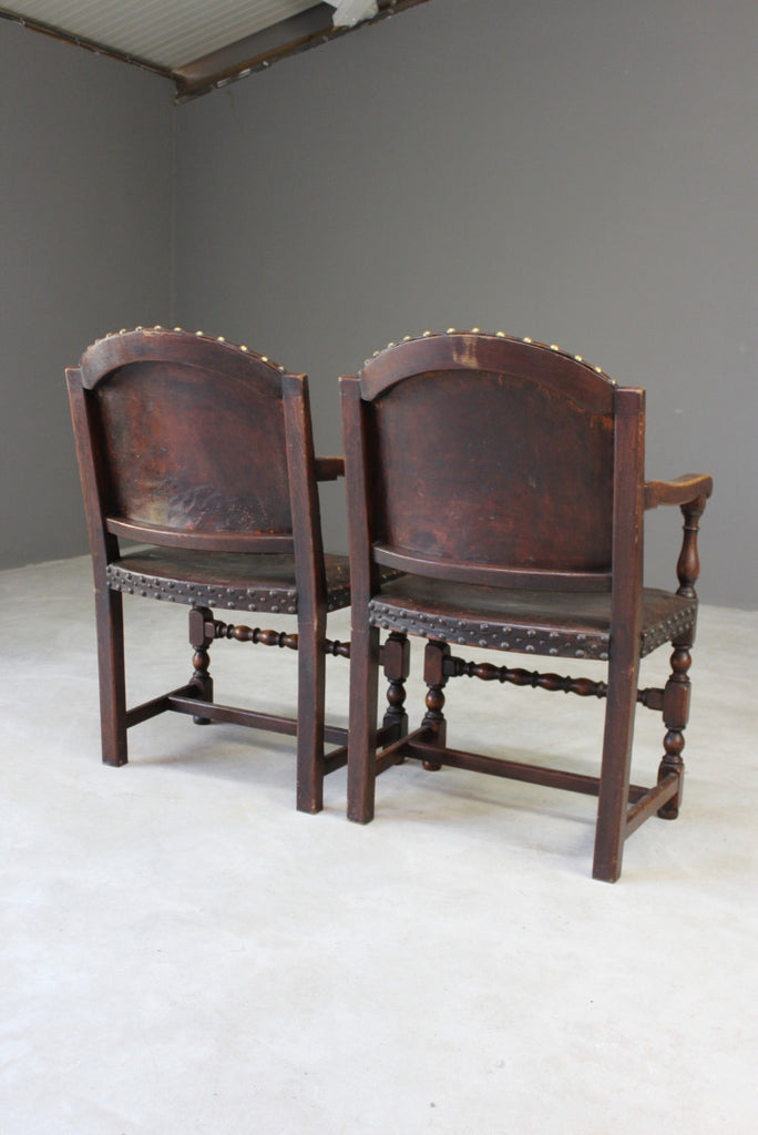 Pair Oak & Leather Carver Chairs - Kernow Furniture