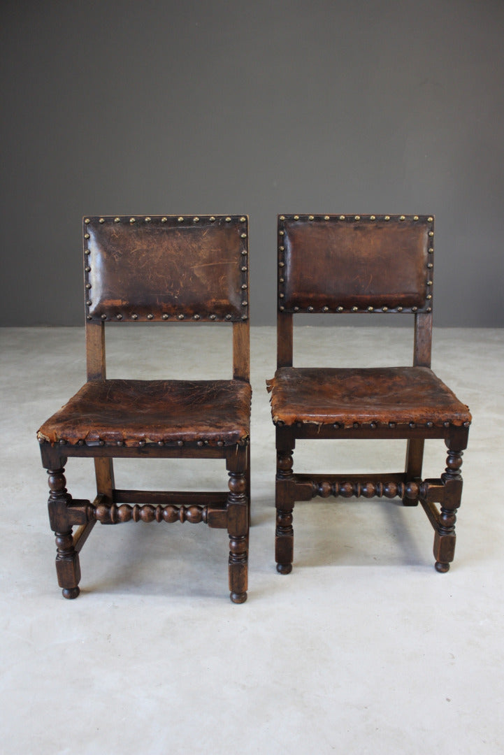 Pair Oak & Leather Dining Chairs - Kernow Furniture