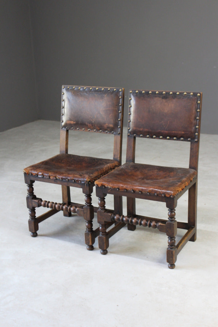 Pair Oak & Leather Dining Chairs - Kernow Furniture