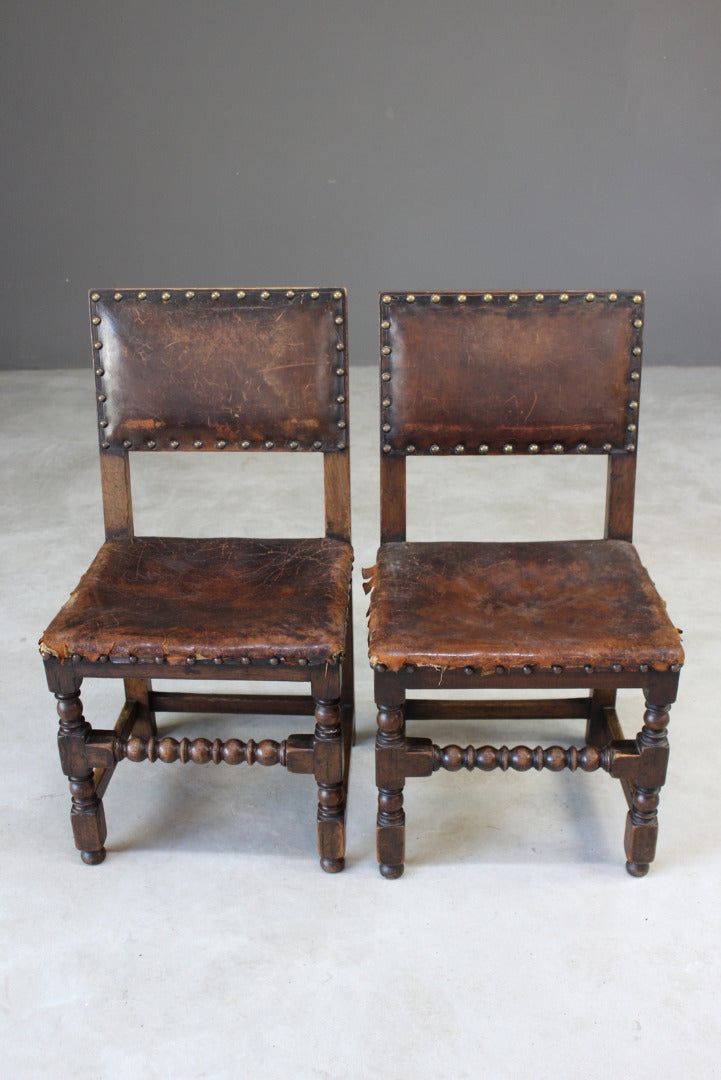 Pair Oak & Leather Dining Chairs - Kernow Furniture