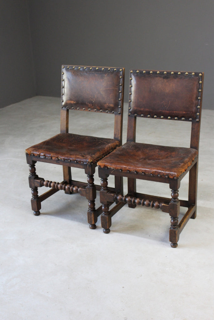 Pair Oak & Leather Dining Chairs - Kernow Furniture