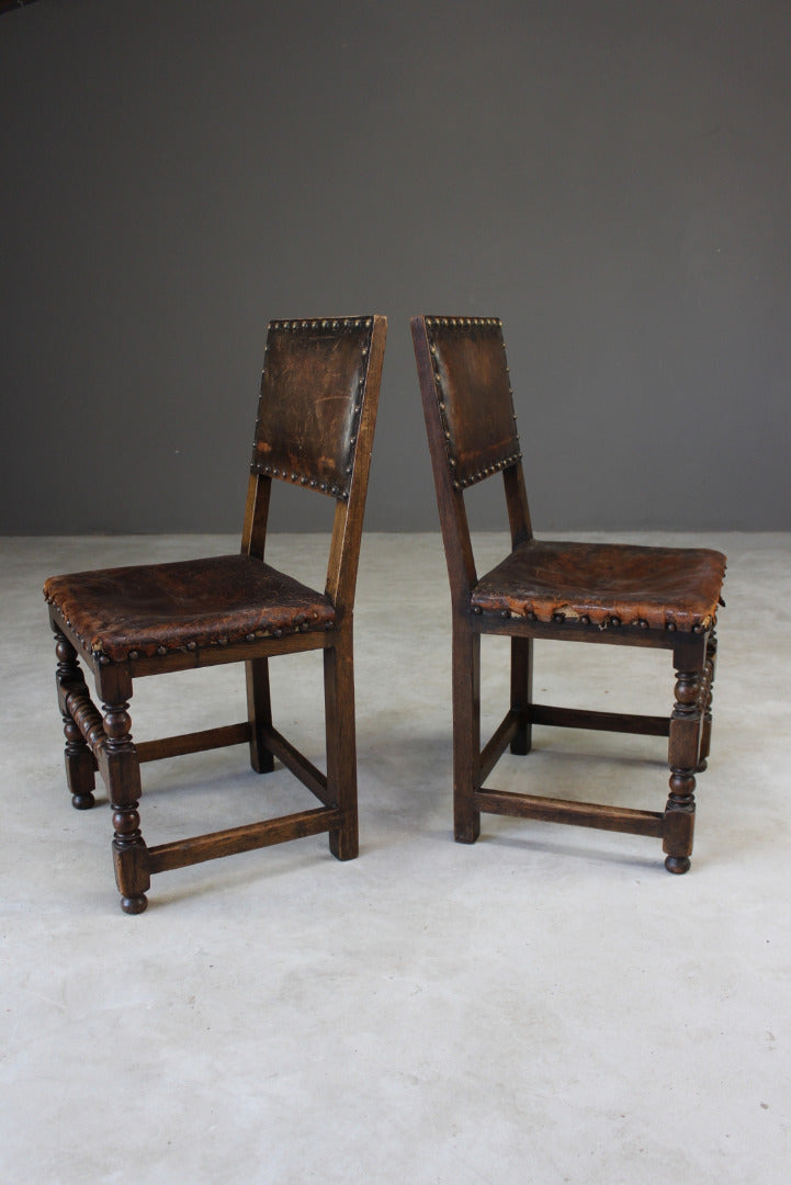 Pair Oak & Leather Dining Chairs - Kernow Furniture