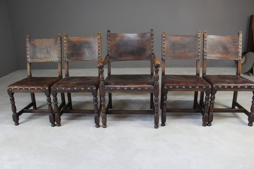4 Oak & Brown Leather Dining Chairs & Single Carver - Kernow Furniture
