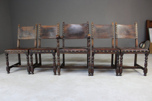 4 Oak & Brown Leather Dining Chairs & Single Carver - Kernow Furniture