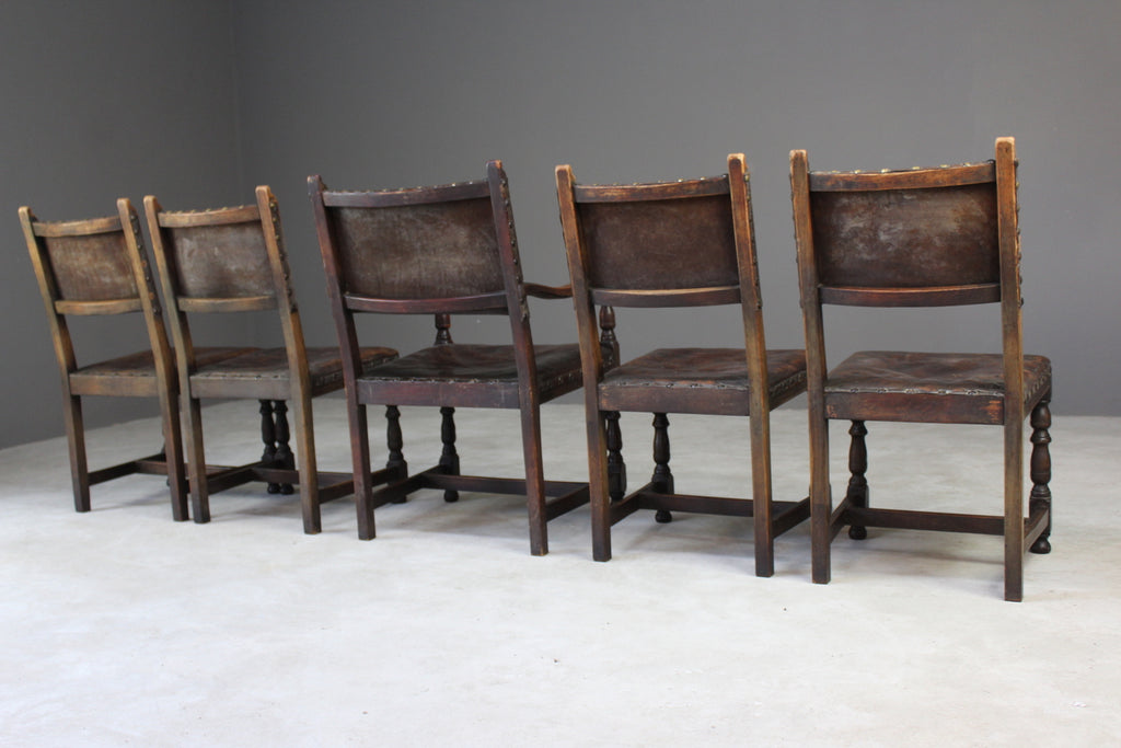 4 Oak & Brown Leather Dining Chairs & Single Carver - Kernow Furniture