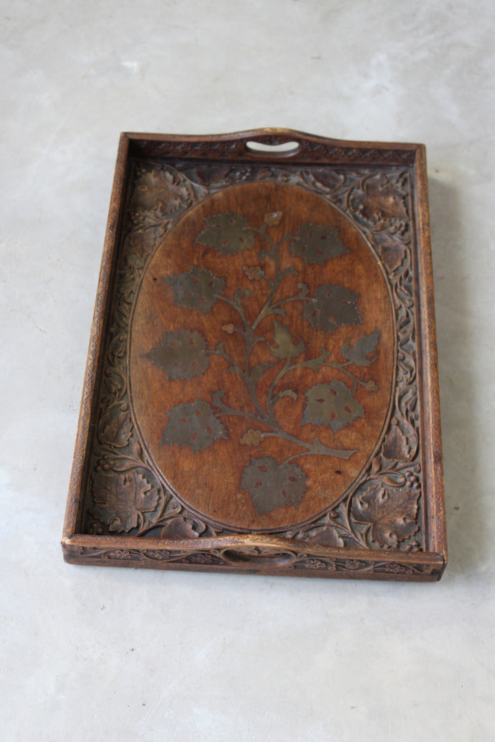 Eastern Carved Teak & Brass Tray - Kernow Furniture