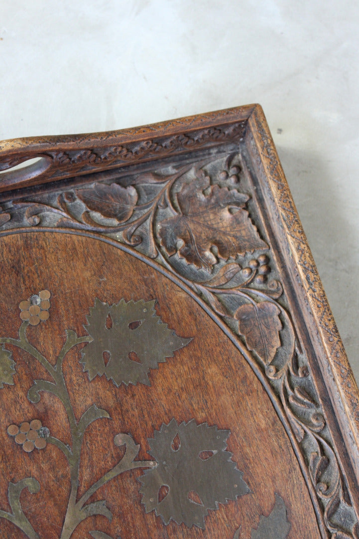 Eastern Carved Teak & Brass Tray - Kernow Furniture