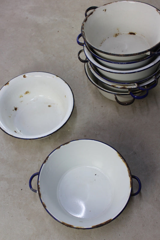 Vintage White & Blue Enamel Wash Bowl Without Handles - Kernow Furniture