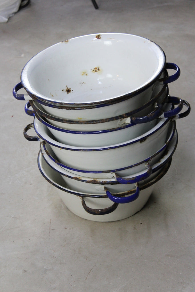 Vintage White & Blue Enamel Wash Bowl Without Handles - Kernow Furniture
