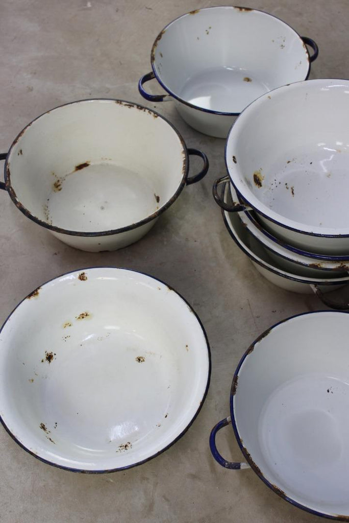 Vintage White & Blue Enamel Wash Bowl With Handles - Kernow Furniture