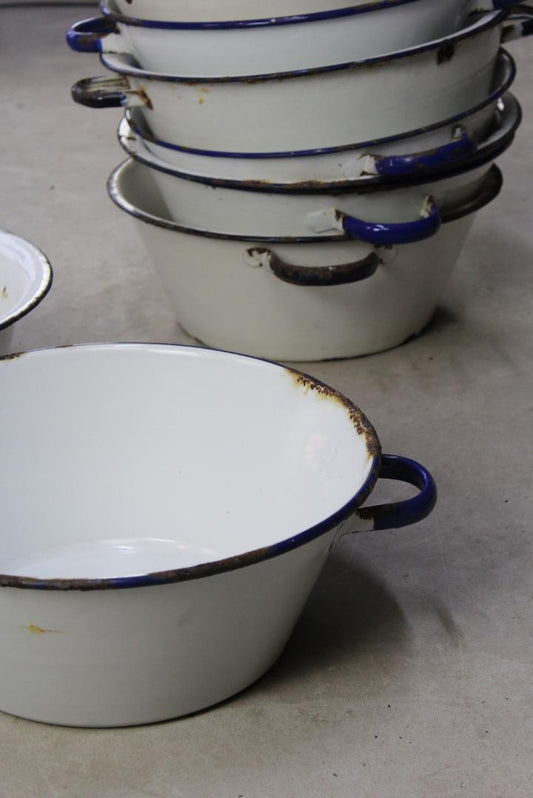 Vintage White & Blue Enamel Wash Bowl With Handles - Kernow Furniture