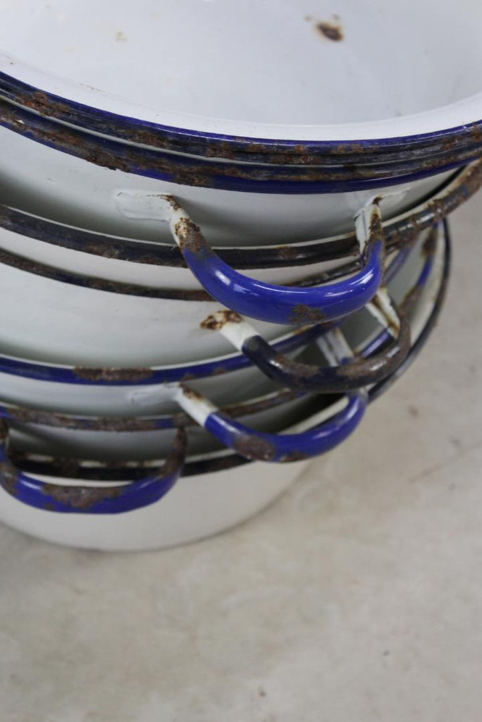 Vintage White & Blue Enamel Wash Bowl With Handles - Kernow Furniture