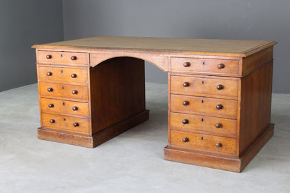 Large Antique Oak Partners Desk - Kernow Furniture