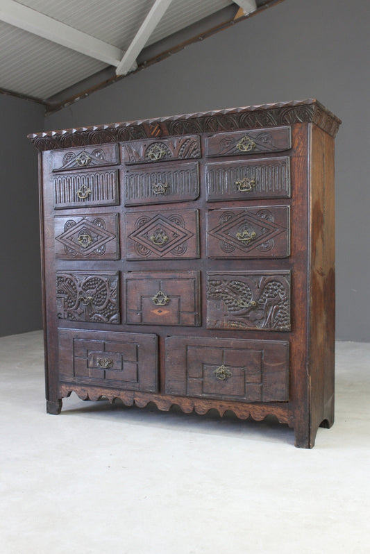 Antique Carved Oak Bank of Drawers - Kernow Furniture