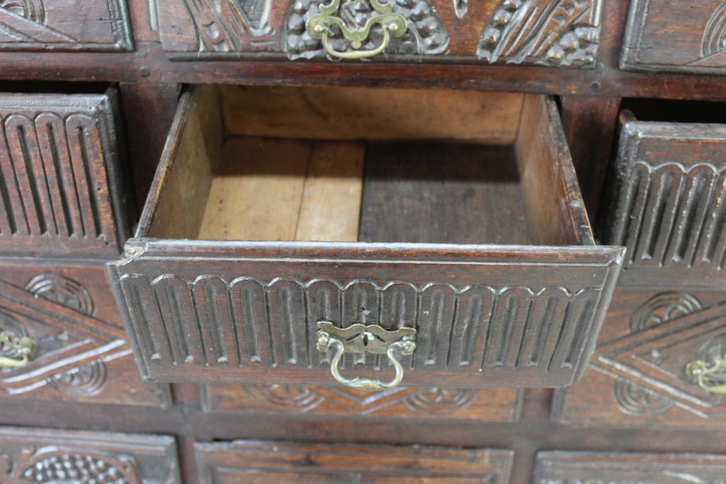 Antique Carved Oak Bank of Drawers - Kernow Furniture
