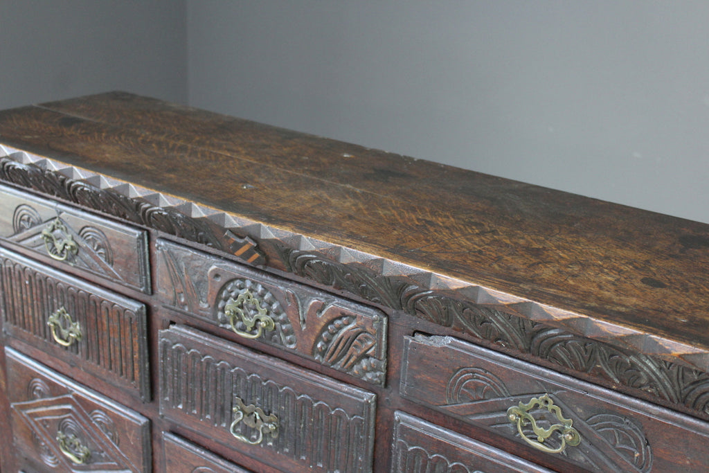 Antique Carved Oak Bank of Drawers - Kernow Furniture