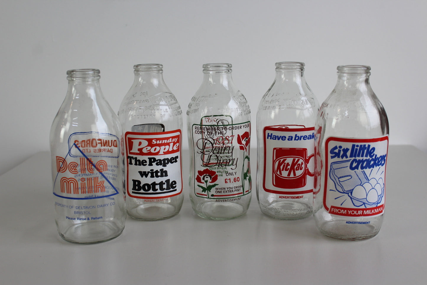 5 Vintage Glass Pint Milk Bottles - Kernow Furniture