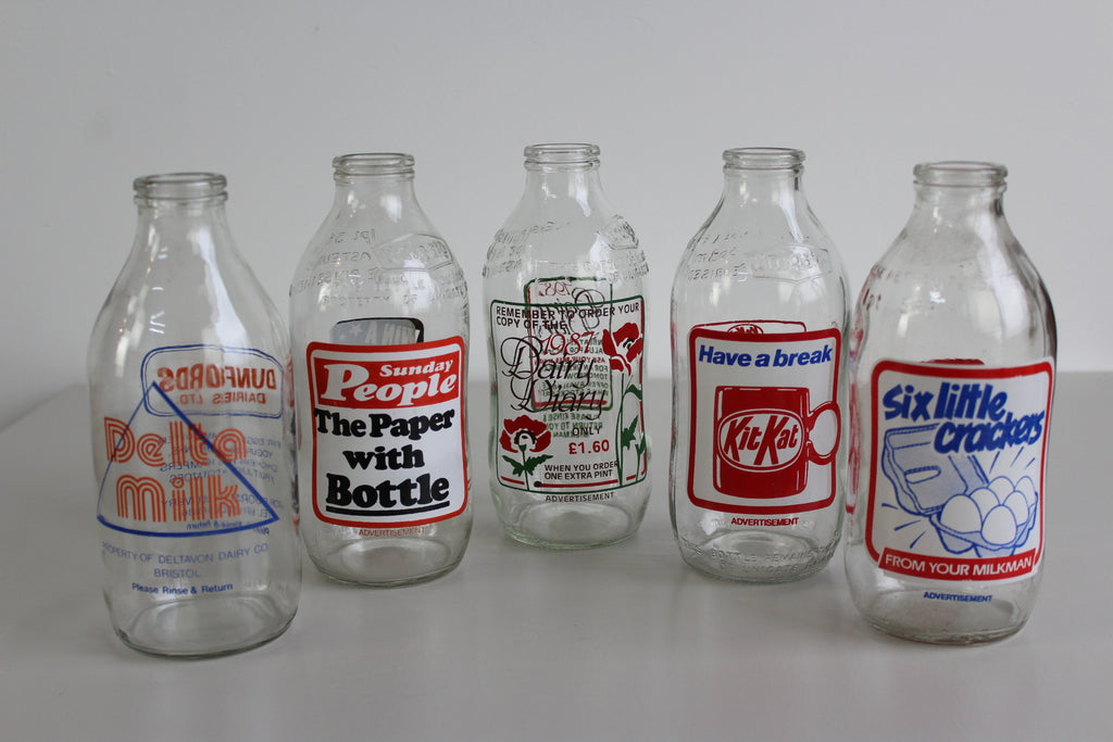 5 Vintage Glass Pint Milk Bottles - Kernow Furniture