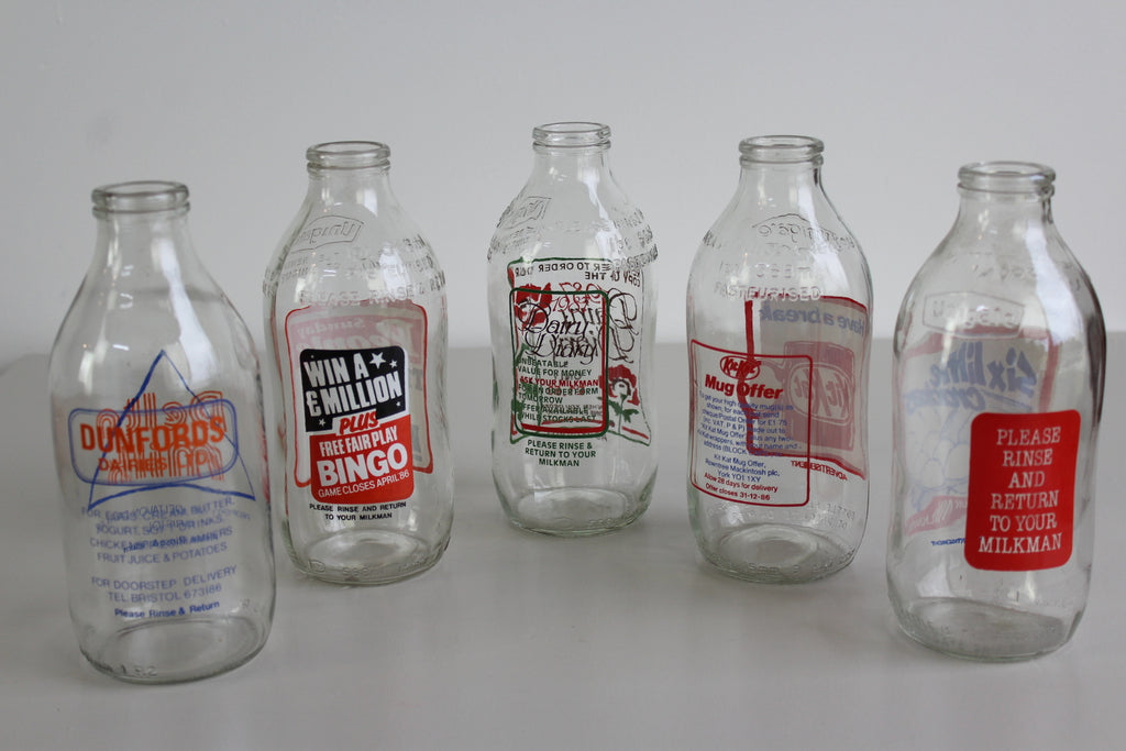 5 Vintage Glass Pint Milk Bottles - Kernow Furniture