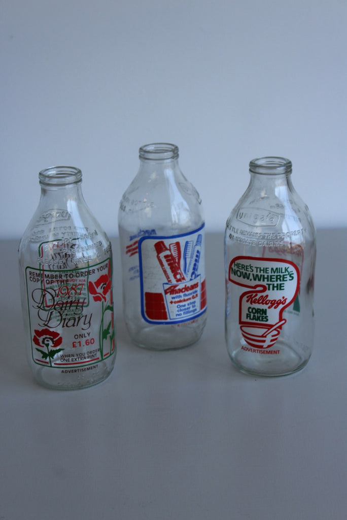 3 x Retro Glass Milk Bottles - Kernow Furniture