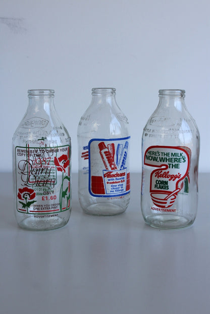 3 x Retro Glass Milk Bottles - Kernow Furniture